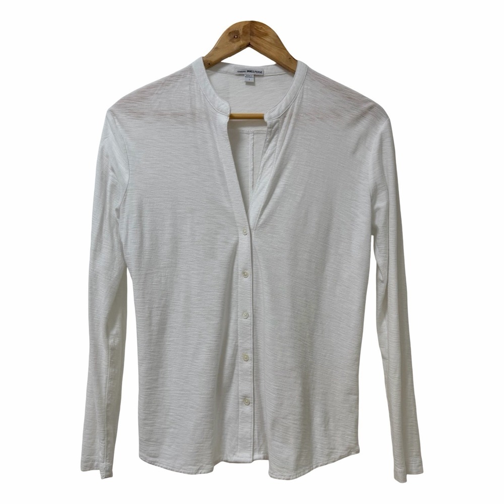 James Perse‎ Women Cotton Modal Slub L/S V Neck Button Down Shirt Size 1/S White